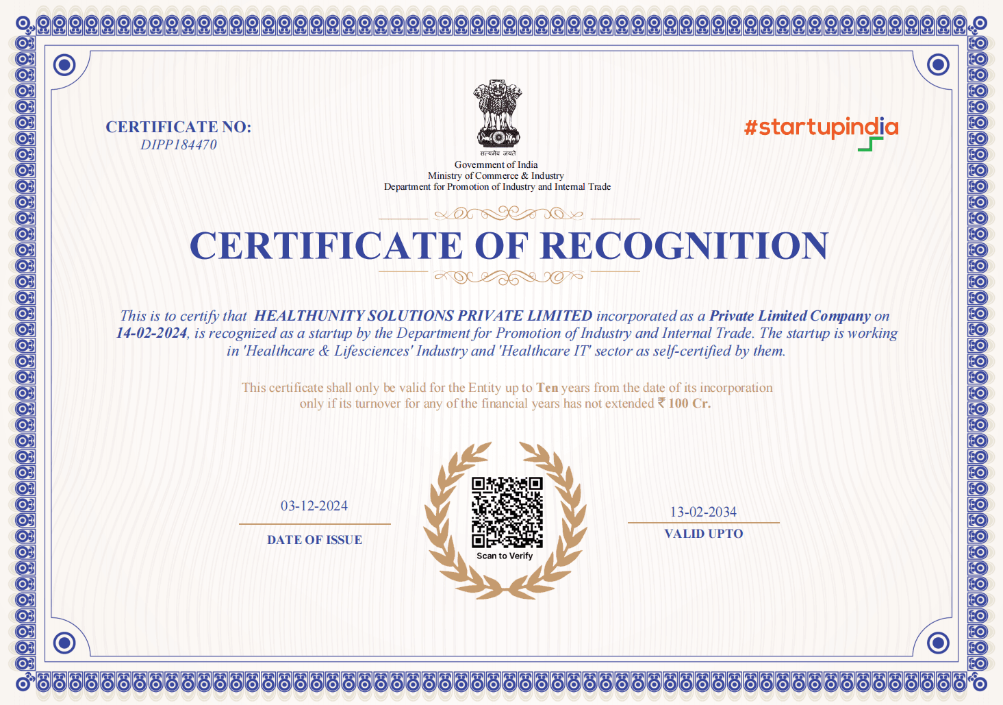 Startup India Recognition